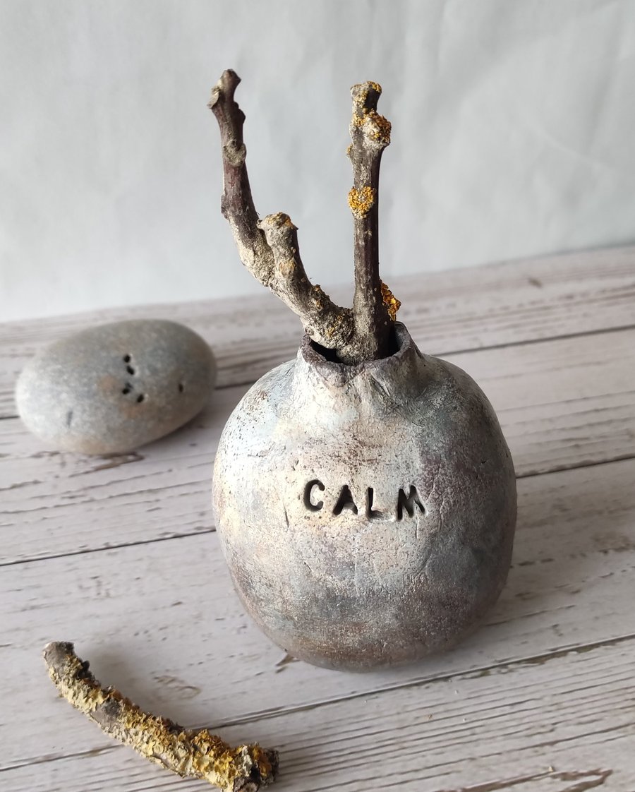 Smoke Fired Style Vessel, 'Calm' Clay Globe Bud Vase,Wabi Sabi Decor