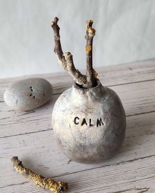 Smoke Fired Style Vessel, 'Calm' Clay Globe Bud Vase,Wabi Sabi Decor