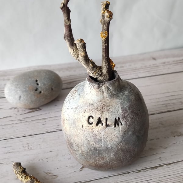 Smoke Fired Style Vessel, 'Calm' Clay Globe Bud Vase,Wabi Sabi Decor