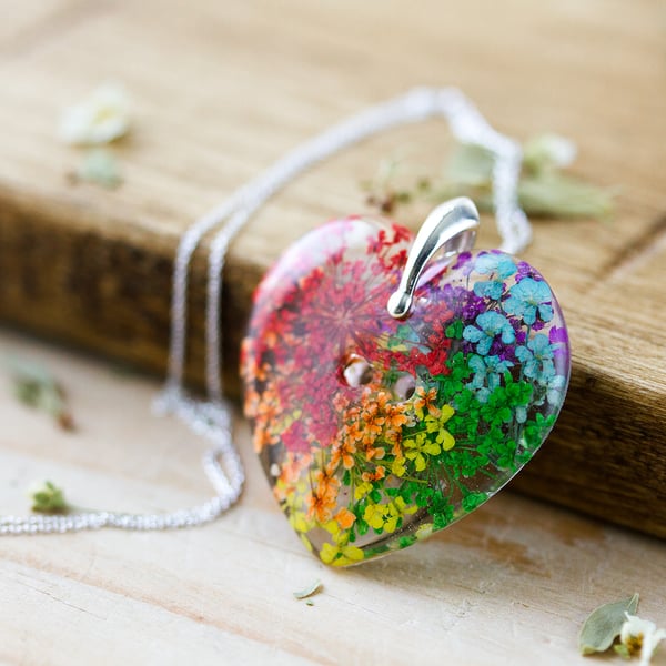 Real Flower Rainbow Heart Necklace - Lace Flowers - Sterling Silver