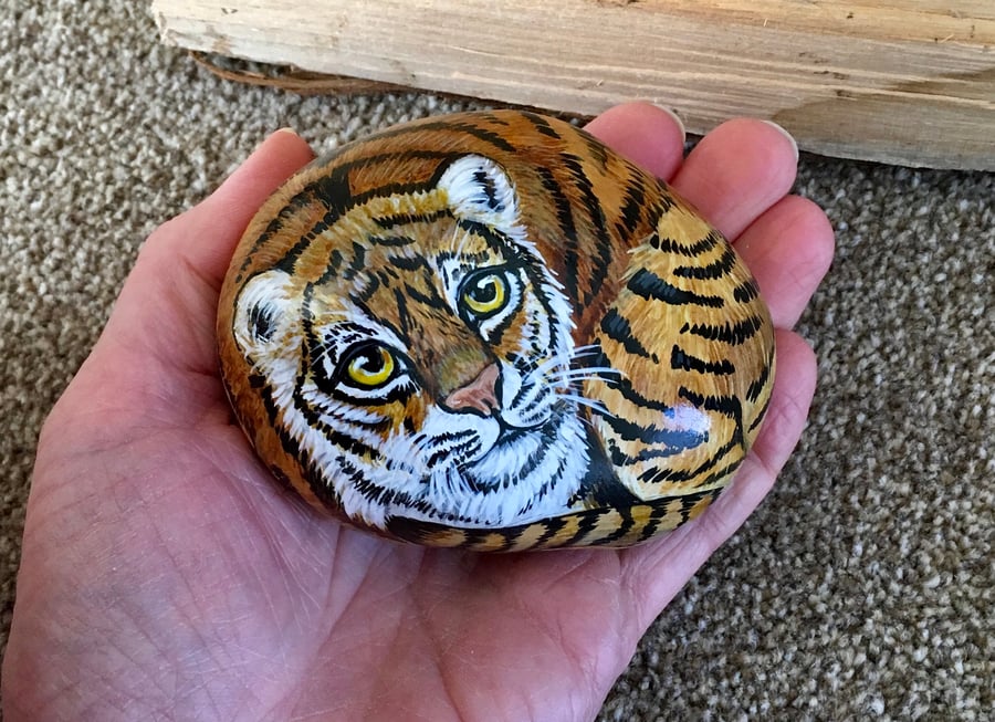 Tiger hand painted pebble rock stone wildlife art 