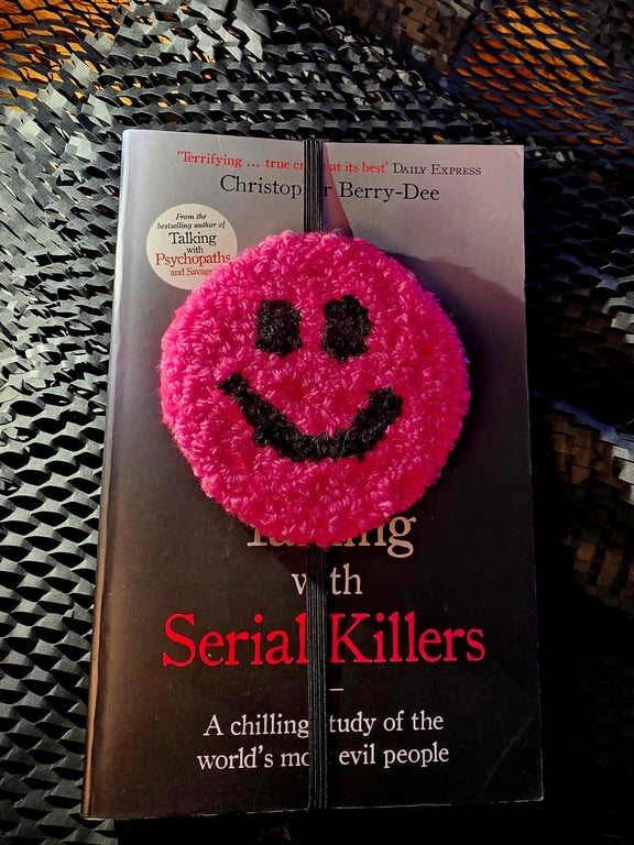 Neon Pink Smiley Face Punch Needle Book Mark 