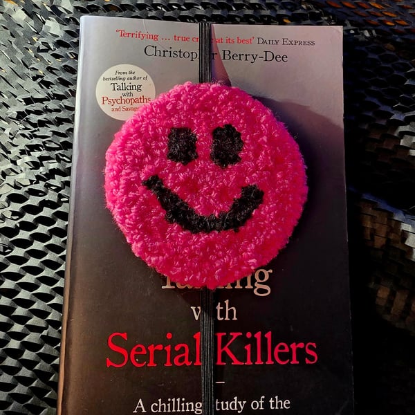 Neon Pink Smiley Face Punch Needle Book Mark 
