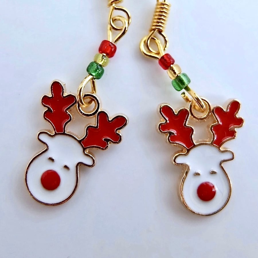 Christmas Earrings - Enamel Reindeer And Coloured Glass Beads - Free UK Delivery