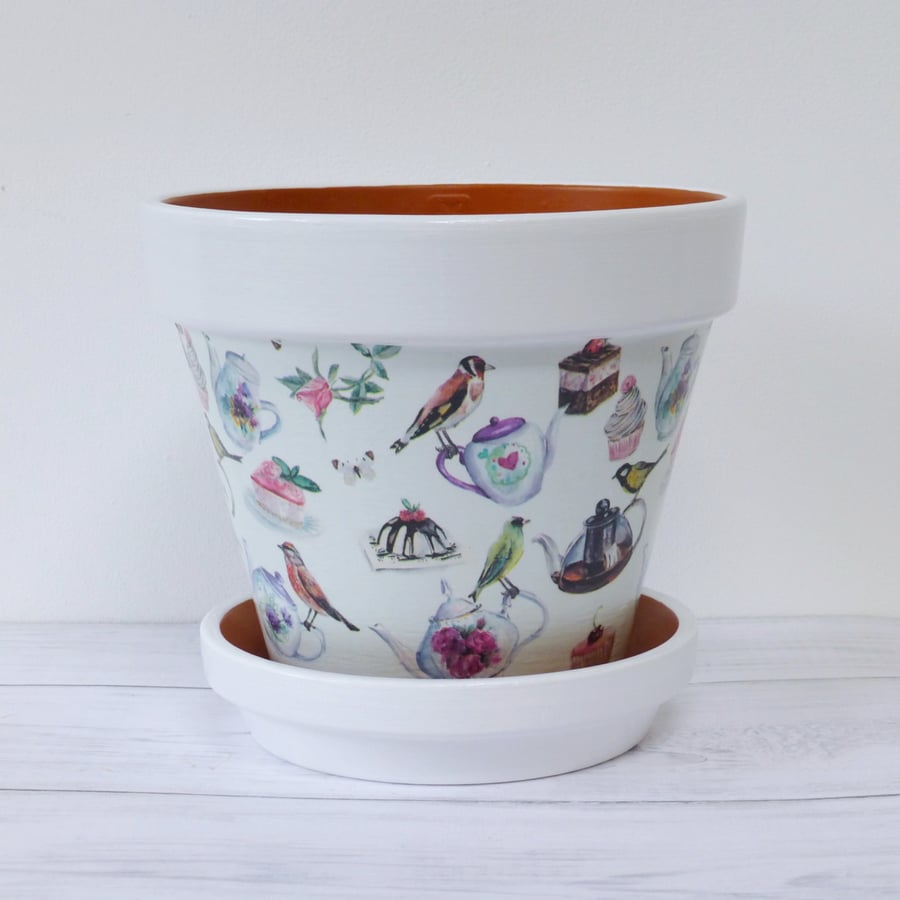 Decoupage Decorated Indoor Plant Pot - Birds Tea Party