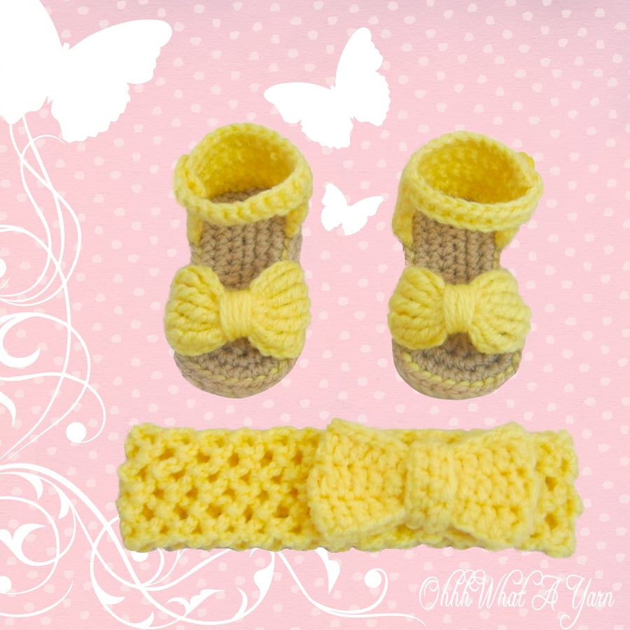 Crochet yellow baby sandals with matching headband - Age Newborn