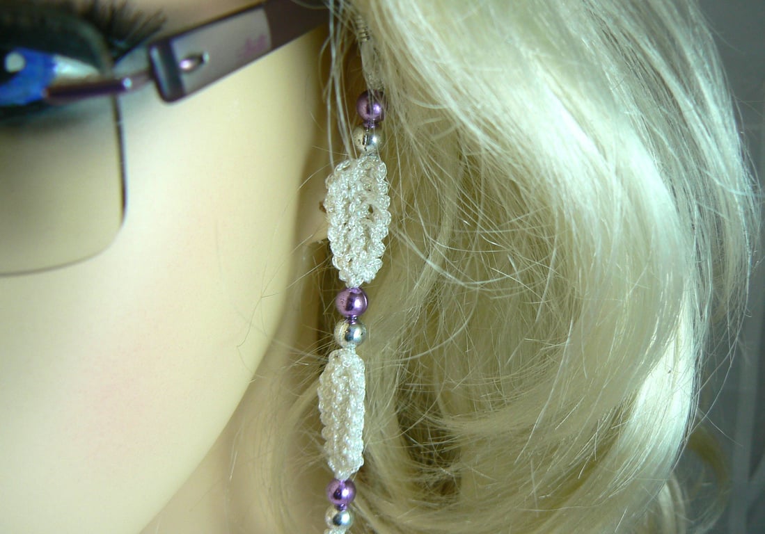 Glasses lanyard chain , crochet leaves with beads (white)
