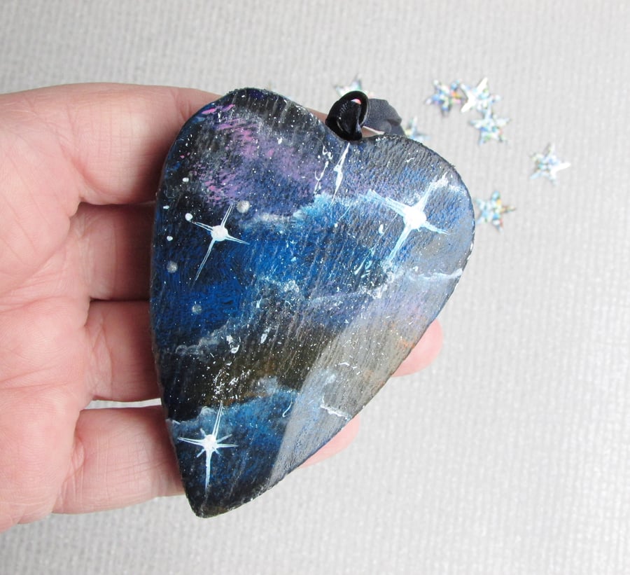 Galaxy in Miniature Hanging Heart, Sci fi wooden heart