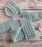 Hand Crocheted Newborn Cardigan & Bonnet Set – Sage Green Baby Outfit - Image 2