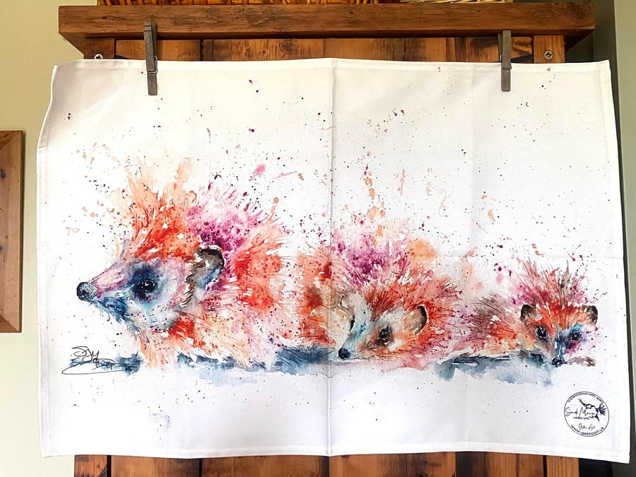 Hedgehog Tea Towel, Wildlife Art Tea Towel, 100% Cotton, Homeware, Textiles, Wat
