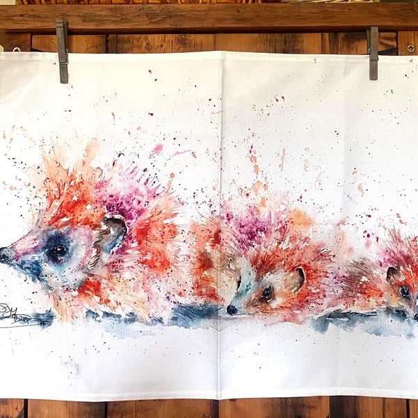 Hedgehog Tea Towel, Wildlife Art Tea Towel, 100% Cotton, Homeware, Textiles, Wat