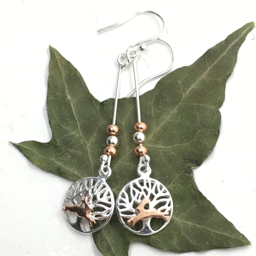 Hare Silver Tree of Life Long Earrings, Long Drop, Silver, Copper, Bunnies.