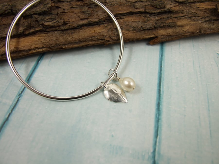 Sterling Silver Leaf and Pearl Charm Bangle