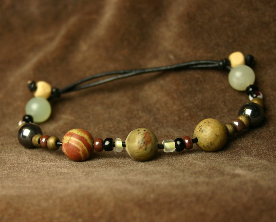 Stone bead bracelet on leather thong, Small