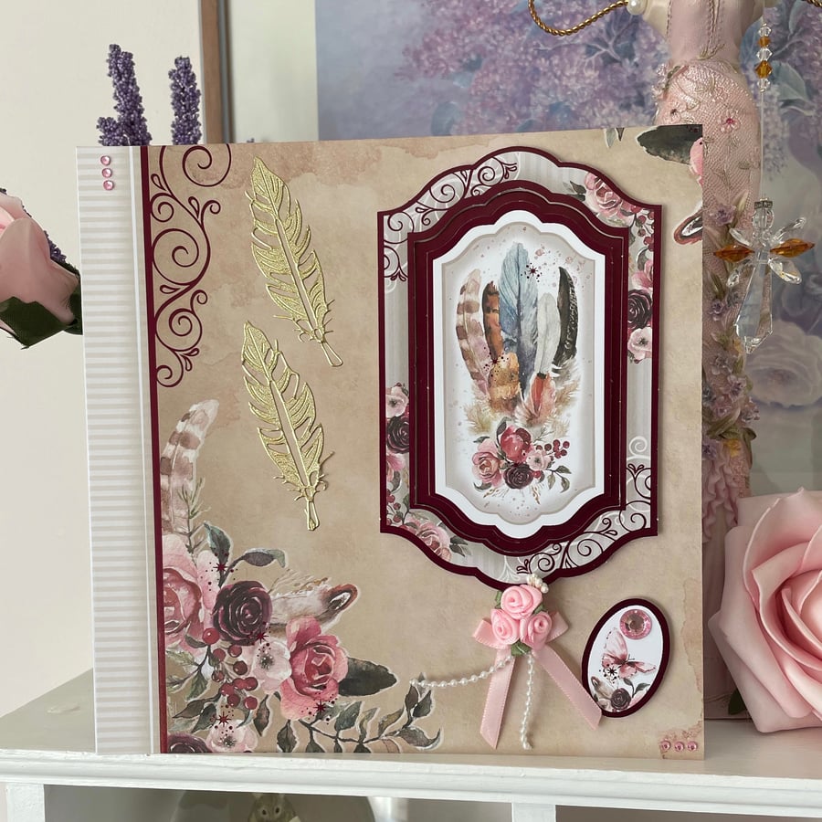 BoHo Card (roses and feathers) C - 68
