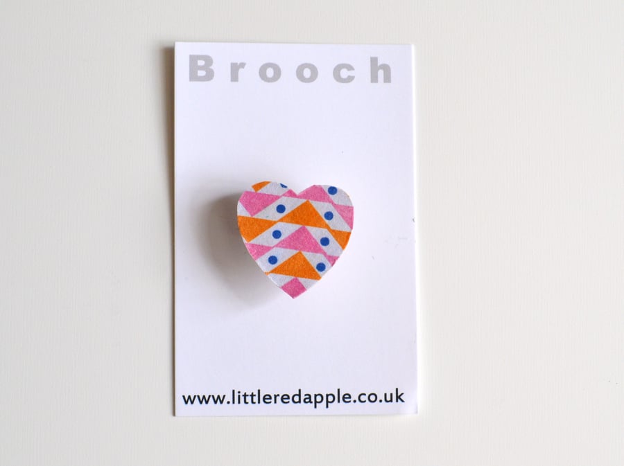 Heart Brooch with Pink and Orange Triangle Pattern