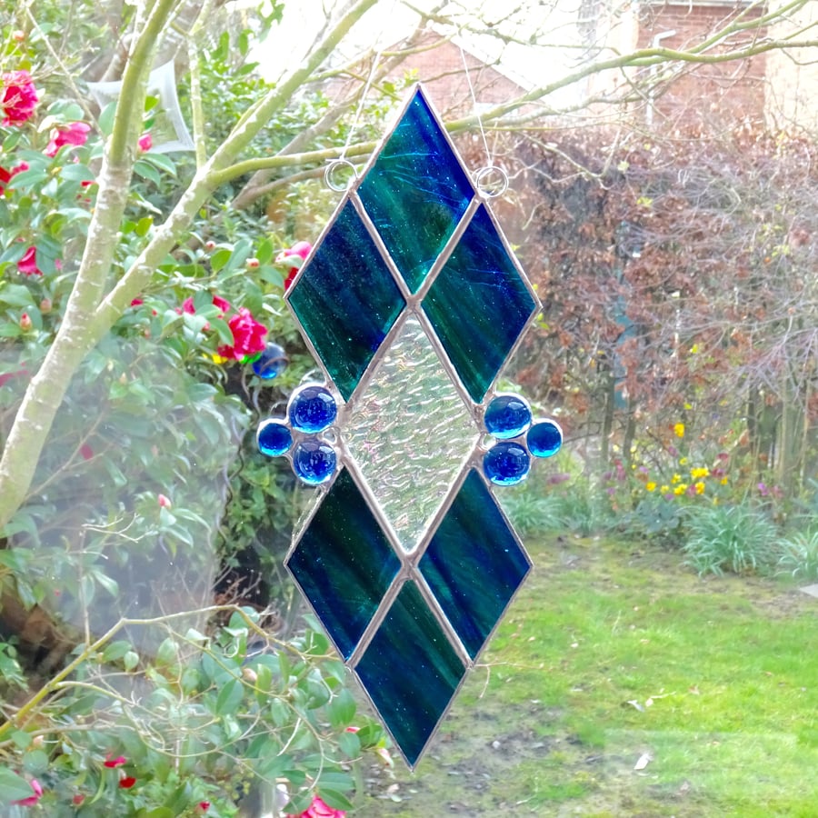 Diamond Stained Glass Suncatcher - Blue and Green Streaky