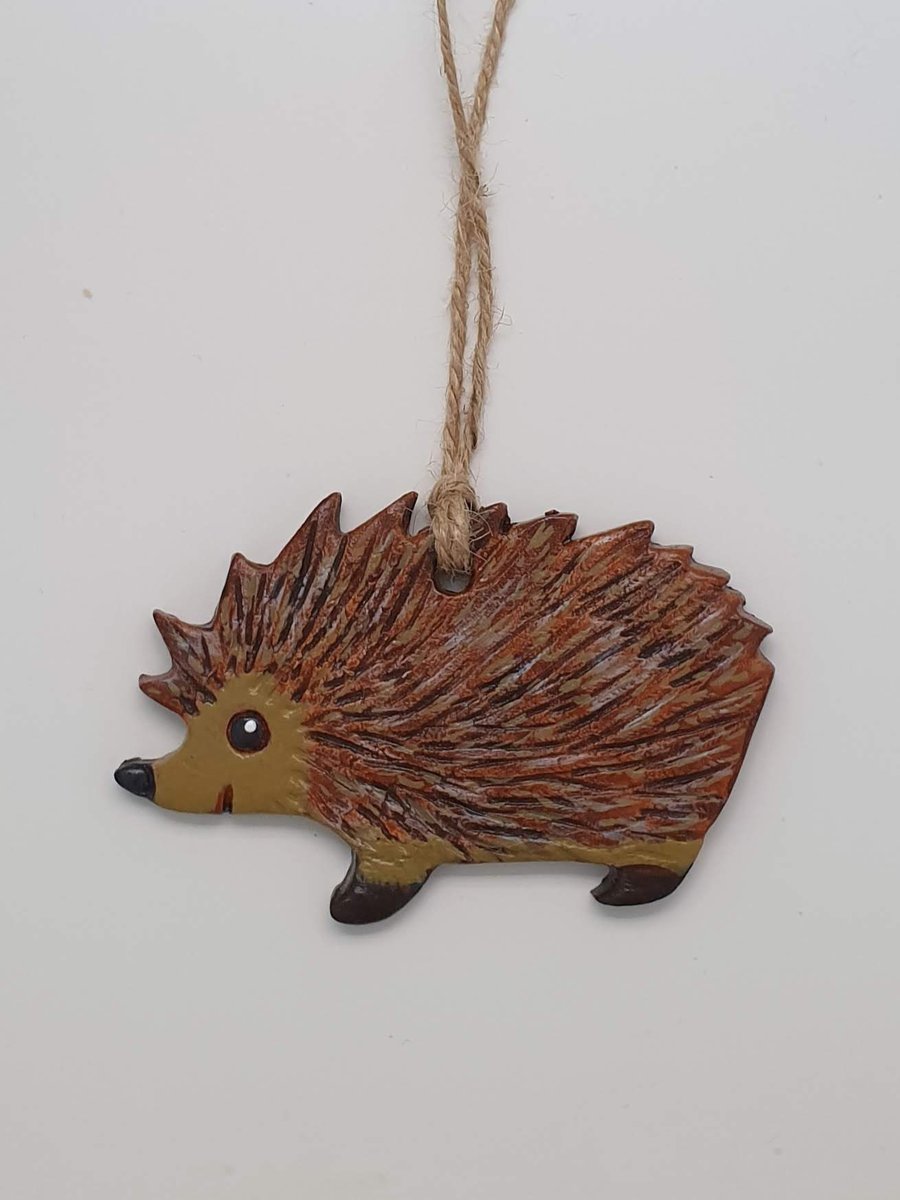 Clay hedgehog hanging decoration, unisex gift for a hedgehog lover, autumn decor
