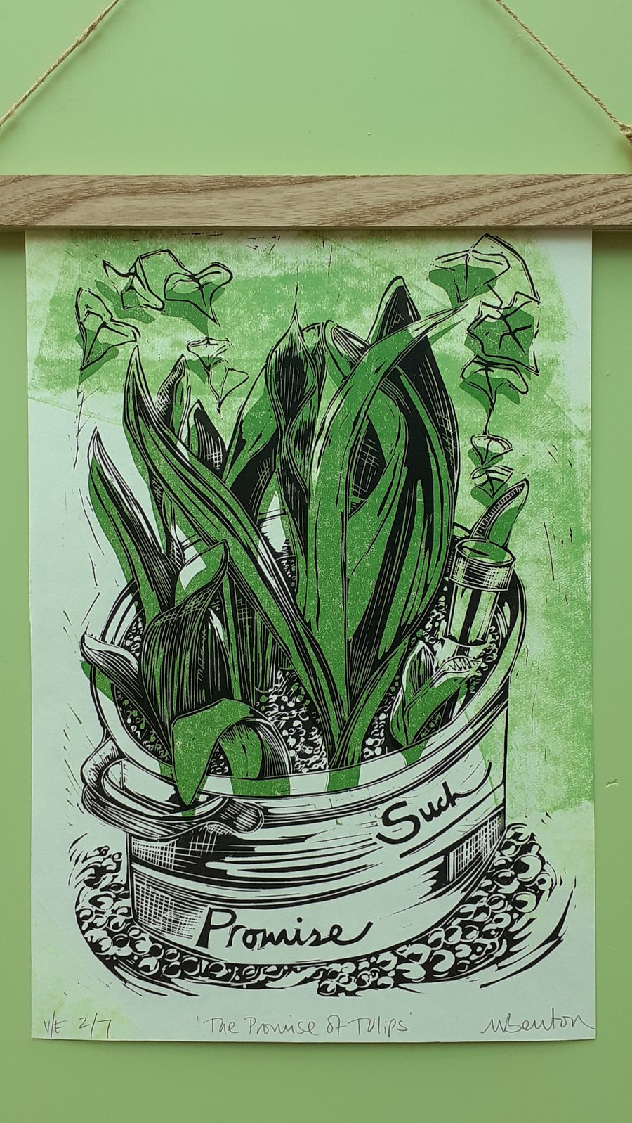 'The Promise of Tulips', Two Block Lino Print over Green (VE no.2 of 7)