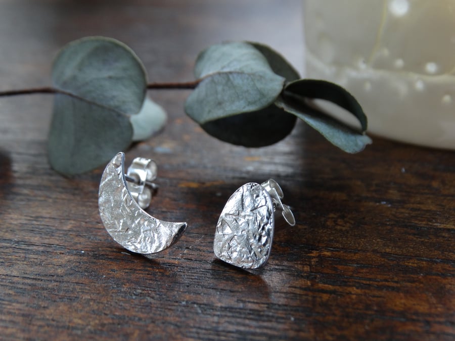 Silver stud earrings - mismatched studs - moon and megalith - recycled silver