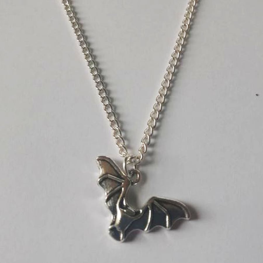 Silver Plate Flying Bat Necklace