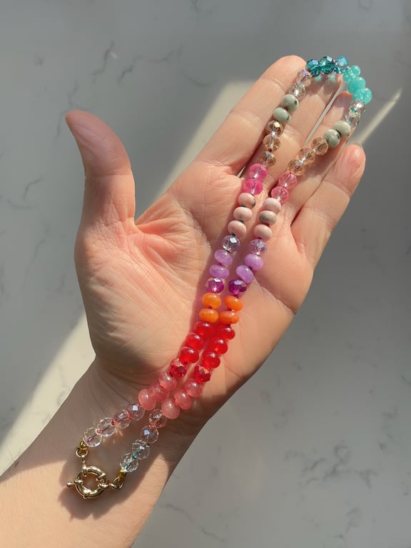 Multi Gemstone & Faceted Glass Hand Knotted Beaded Necklace