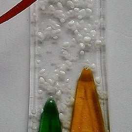 Fused glass festive snowy tree decoration for Christmas - Green & Yellow