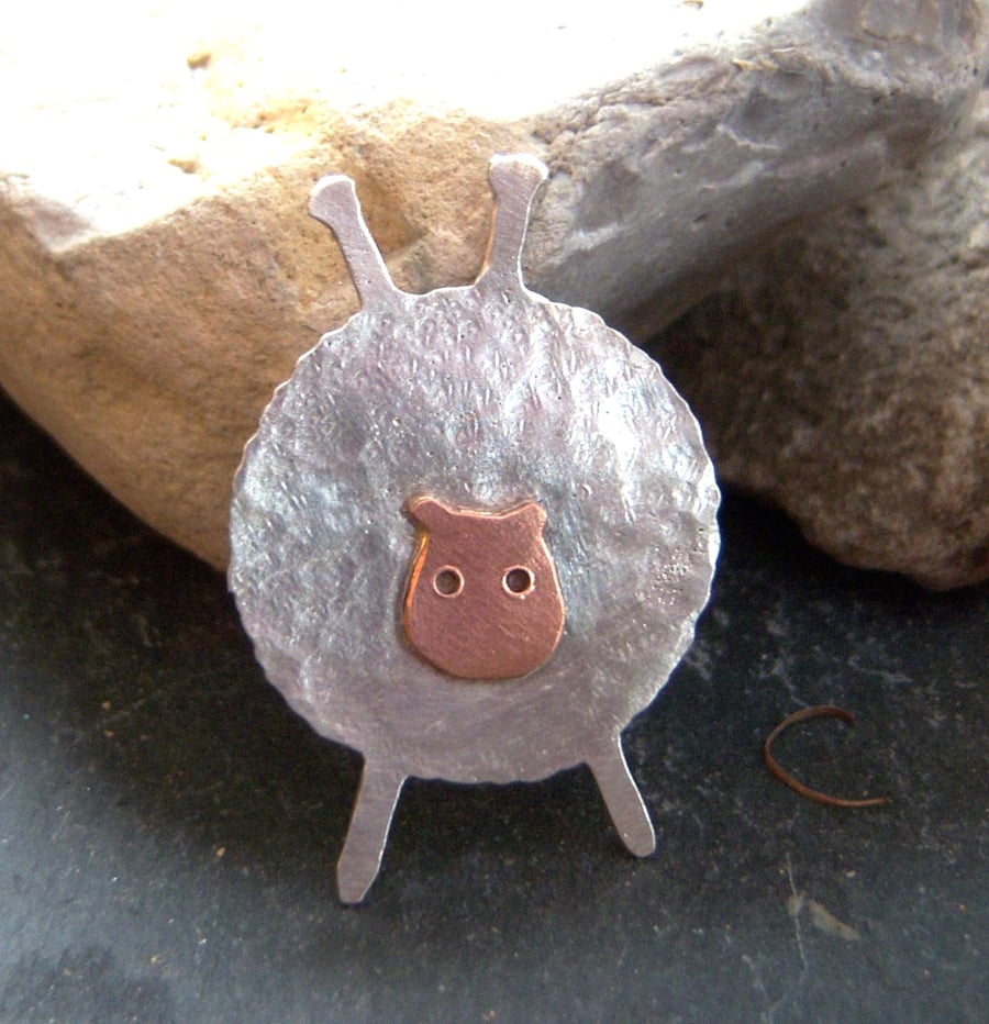 Knitting Needle Sheep Brooch in sterling silver and copper