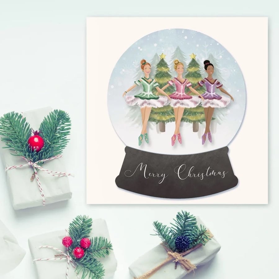 personalised ballerina christmas birthday card, snow globe, gems and glitter
