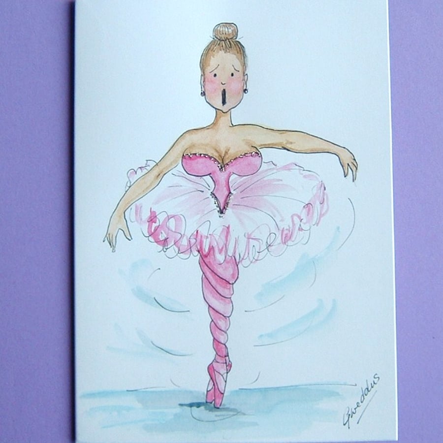 original hand painted cartoon Ballerina greetings card  ref 002