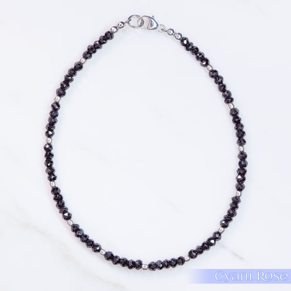Dainty handmade black spinel and sterling silver lobster clasp bracelet