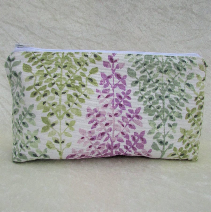 Cosmetic bag, make up bag - White with mauve, sage green and blue-green trees