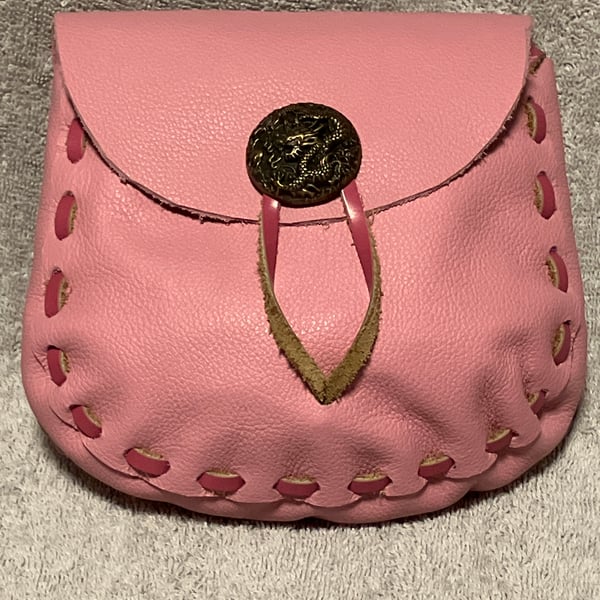 Bubblegum Pink coloured Leather Medieval - Style Pouch - FREE SHIPPING