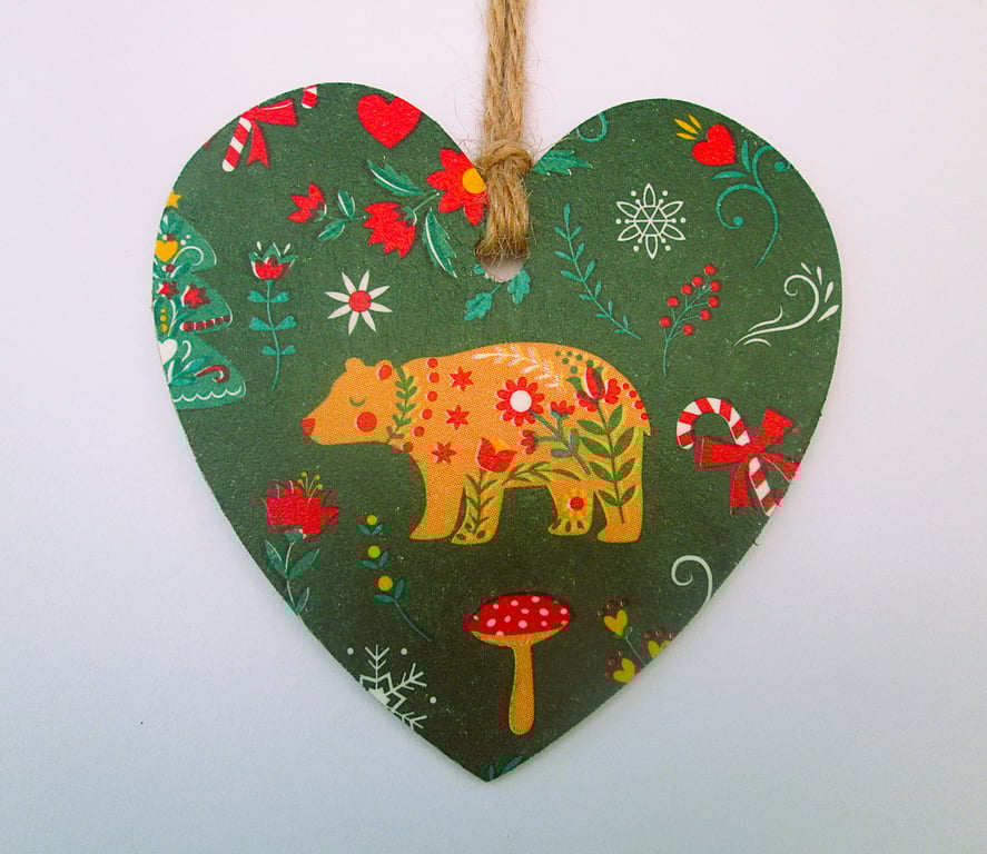 Scandi Christmas polar bear wooden decoupage heart hanging decoration