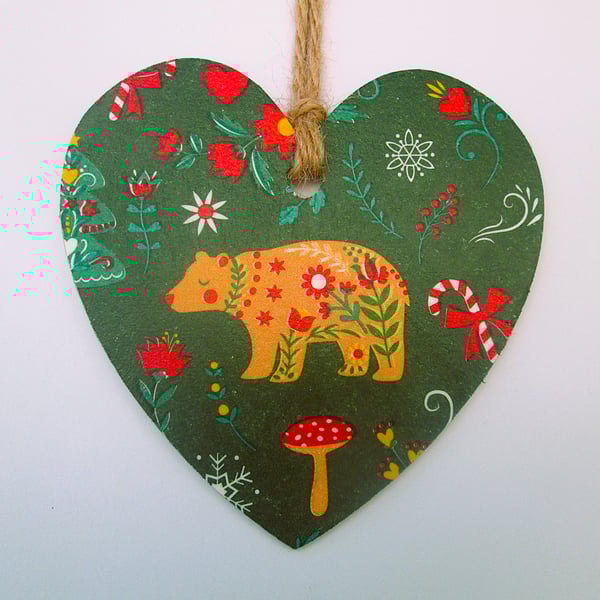 Scandi Christmas polar bear wooden decoupage heart hanging decoration