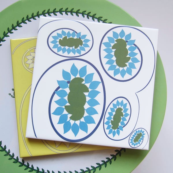 Blue and Green Floral Pattern Ceramic Tile Trivet with Cork Backing