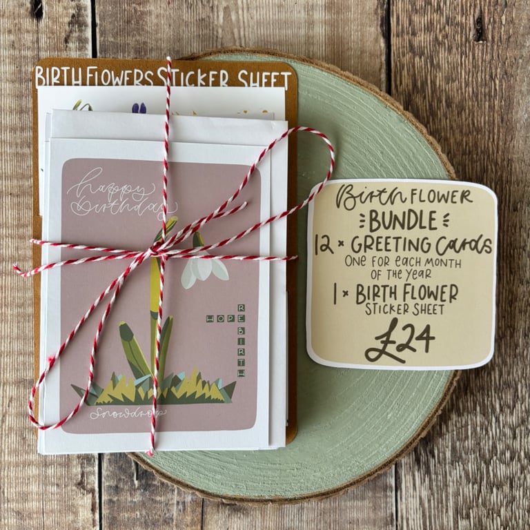 Set of Twelve Birth Flower Cards, Sticker Sheet, Birthday Cards