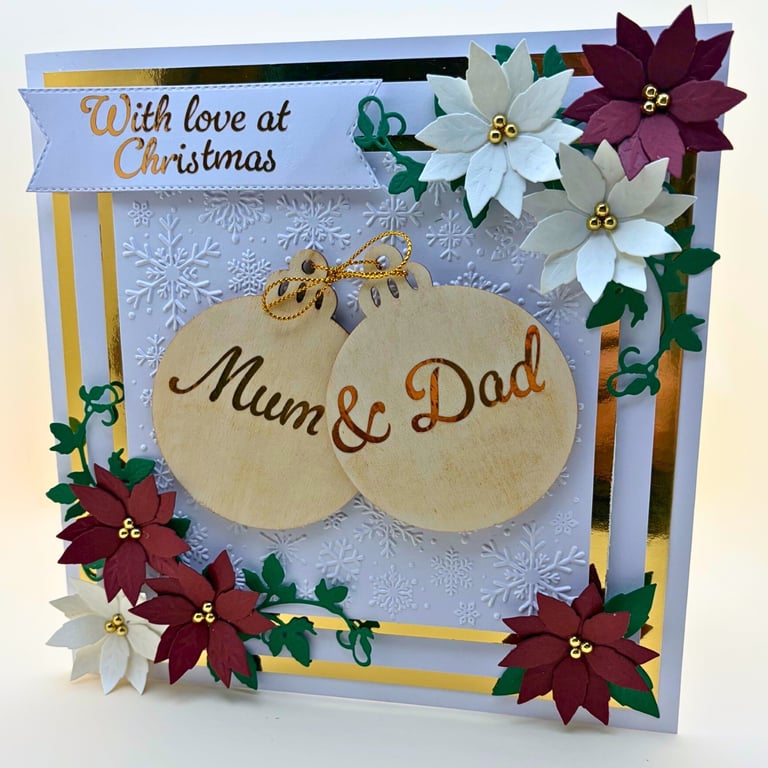 Christmas Card - Luxury Handmade Boxed - Mum & Dad - Poinsettias.