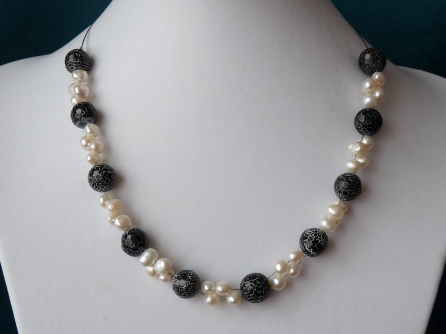 Black Agate & Freshwater Pearl Necklace - Genuine Gemstone 