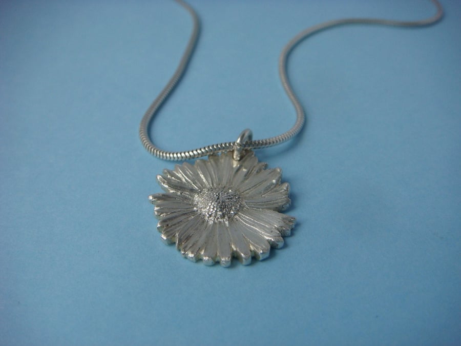 Daisy pendant, fine silver, on a sterling silver snake chain
