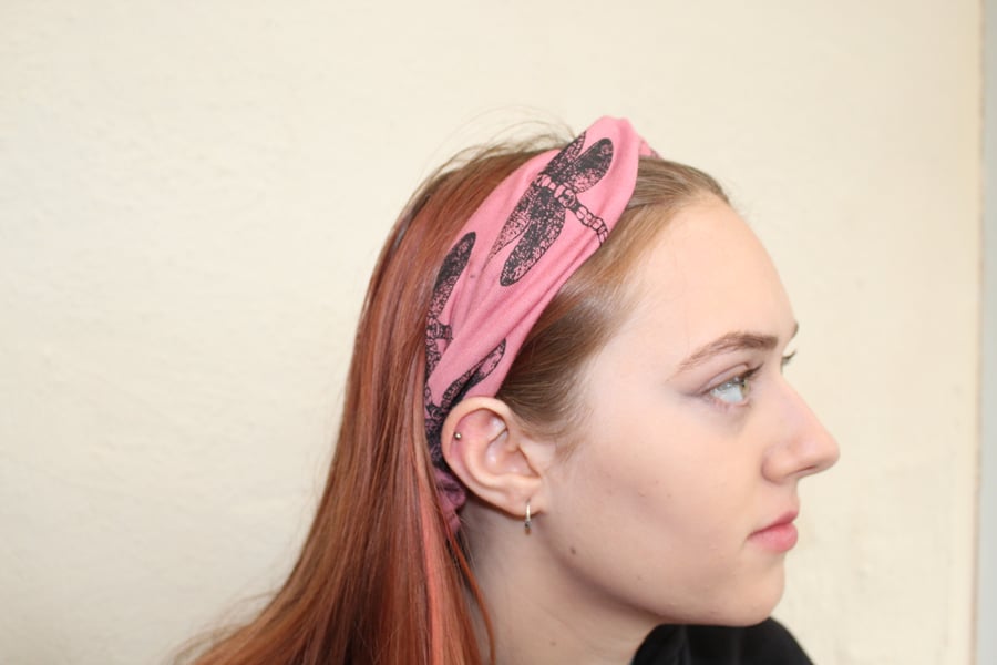 Handmade pink dragonfly print, Eco head band,hair accessory,gift for her.