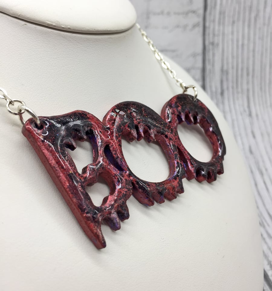 Boo Wooden word necklace in red and black Halloween Gothic