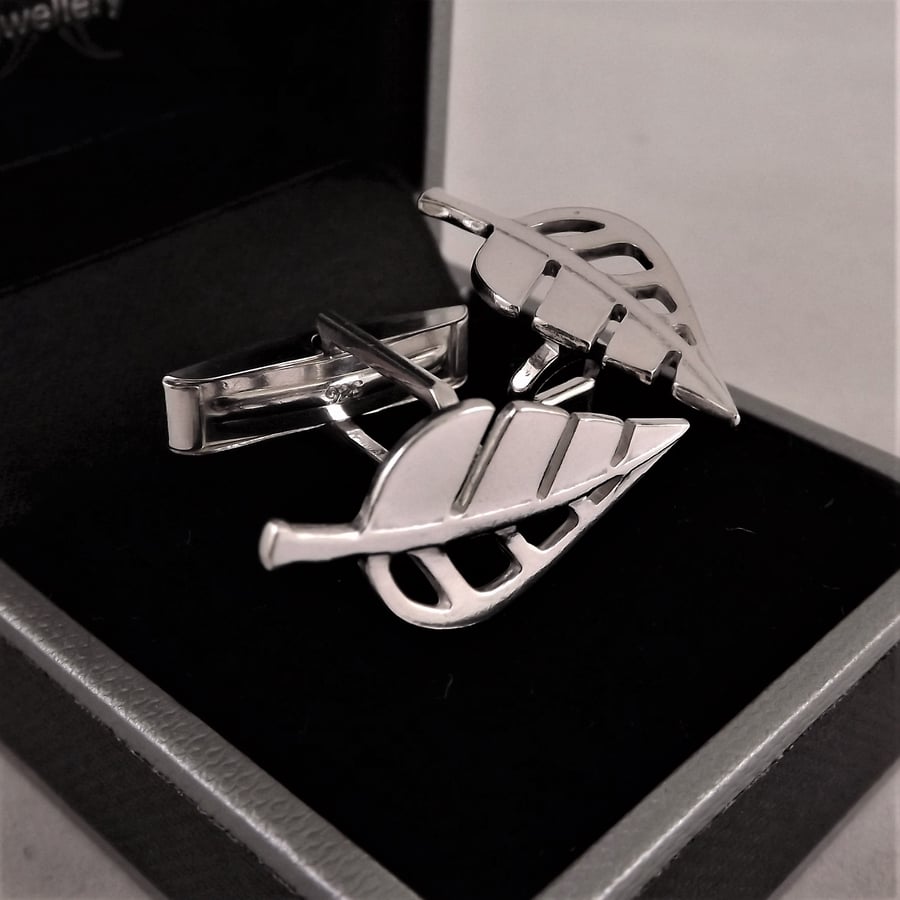 Leaf Cufflinks, Silver Nature Jewellery, Handmade Wildlife Gift for Him