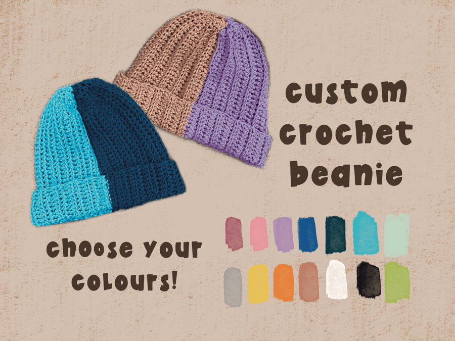 customisable crochet beanie, handmade to order, two tone split colour knitted ha