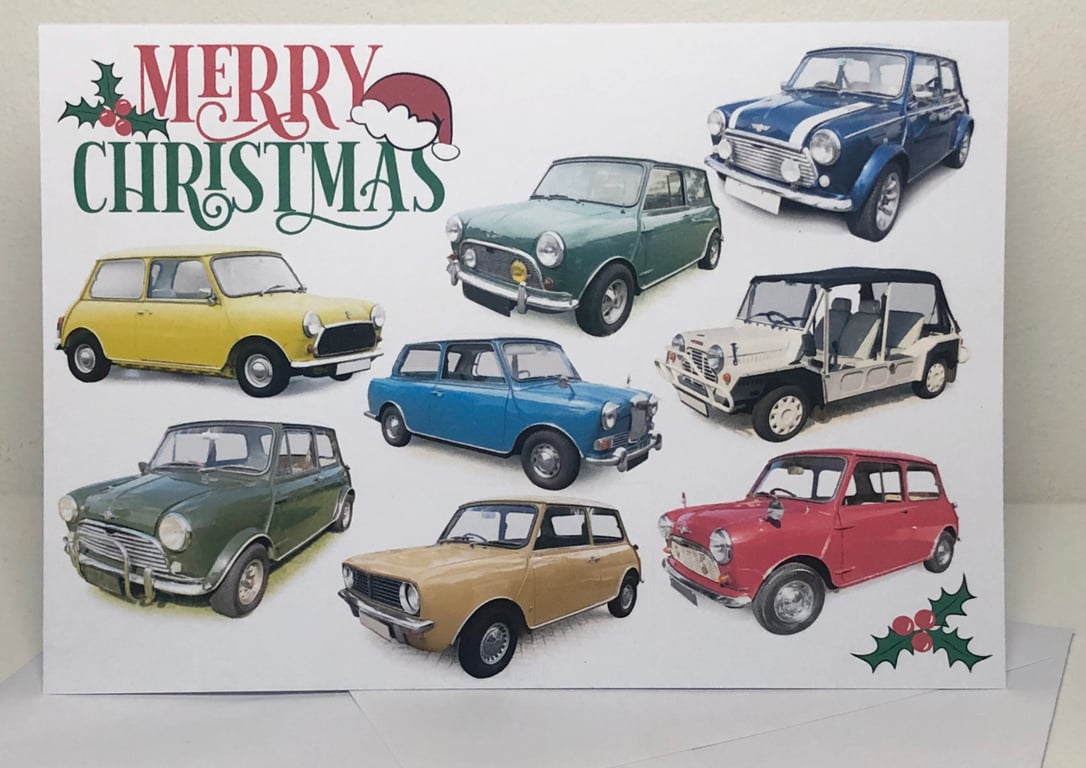 Mini Classic Cars Christmas Cards 5x7in - Seasons Greeting or Merry Christmas