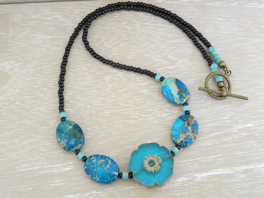 Jasper Necklace, Czech Glass Necklace, Prussian Blue Necklace,