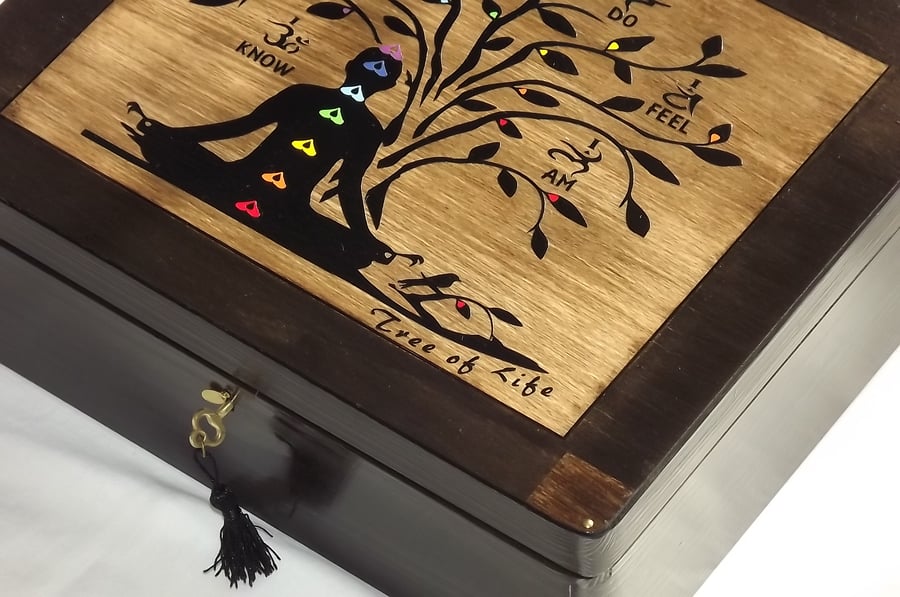 LOCKABLE - CHAKRA TREE of LIFE. Walnut & Oak. Mortise Lock and key wooden Box.