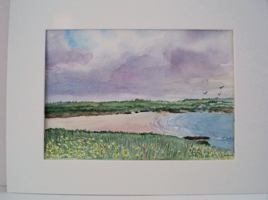 View of Harlyn Bay North Cornwall coast original watercolour painting
