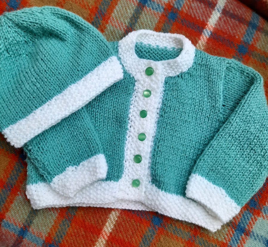 Aqua and white hand knitted baby set