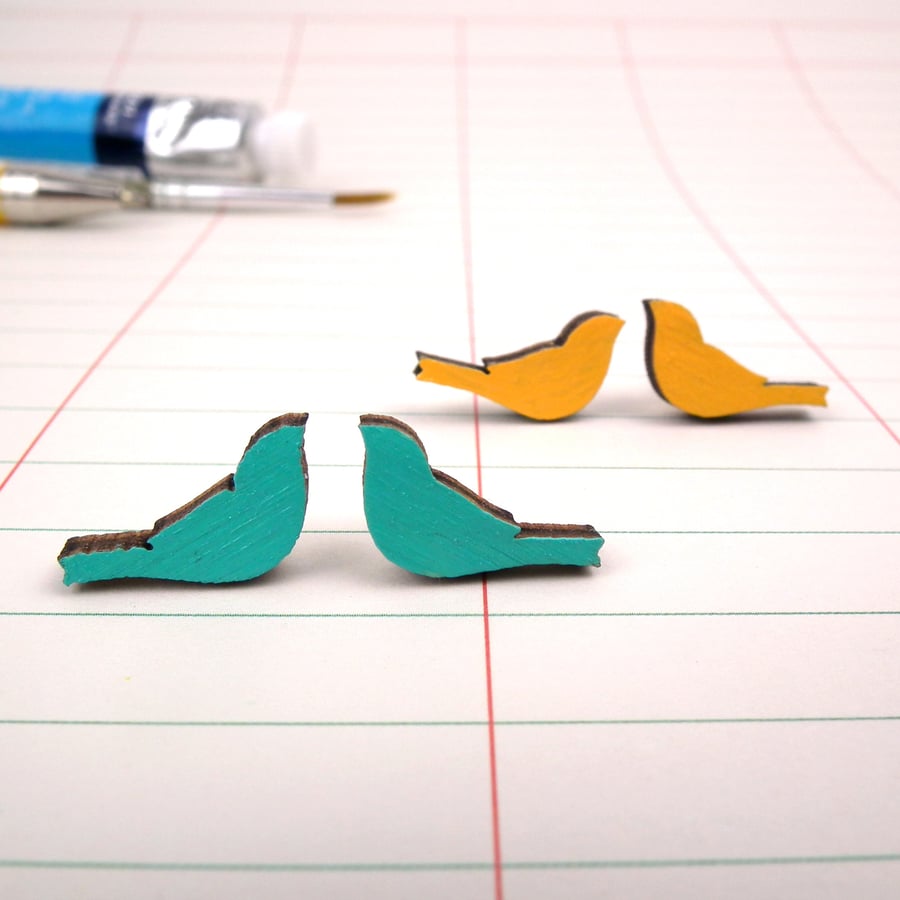 Wooden Bird Stud Earrings